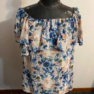 MOD Floral print, off the shoulder, ruffle top sleeveless blouse, size  Small
